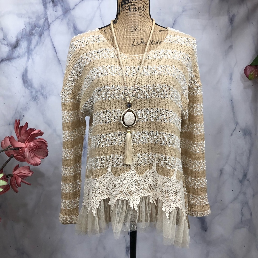 A’Reve Boutique BOHO Mesh Crochet Hem Sweater